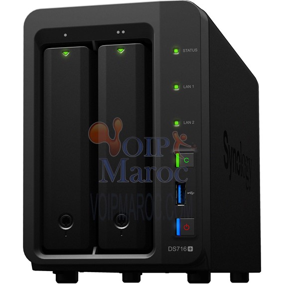 Serveur Quad Core 1.6 à 2.24 Ghz 2 Go Ram 2 LAN Gigabit 3 USB 3.0 eSATA NAS 16 To ext à 56 To Transcodage vidéo 4K DS716+ II